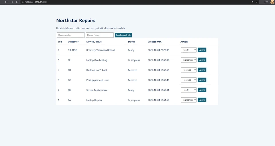 Recovered Northstar application with six jobs including DR-TEST.